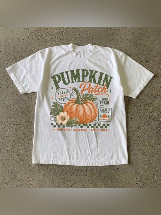 Gildan Tops - Pumpkin Patch Graphic Tee Fall Autumn - White with Orange & Green
